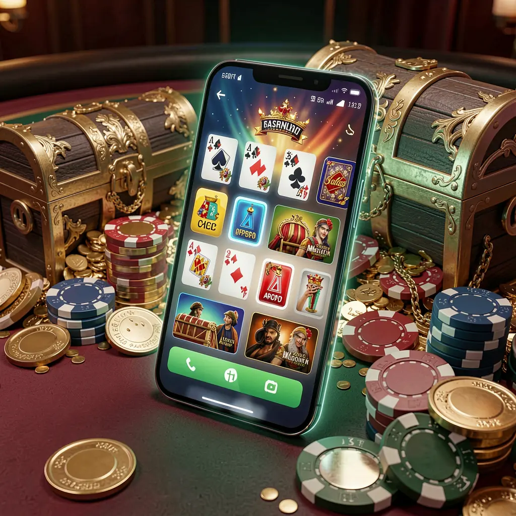 Glowing smartphone displaying TK89 Casino APK with Android-style mobile app layout, surrounded by treasure chest, chips, and coins in a luxury 3D render