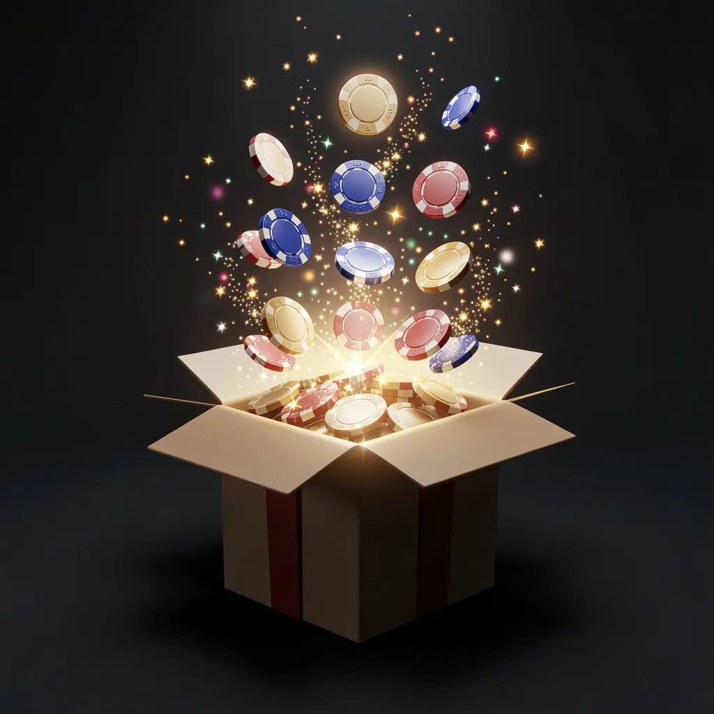 Realistic 3D render of a glowing gift box with free casino chips bursting out surrounded by magical sparkles on a dark premium background, showcasing TK89 no deposit bonus