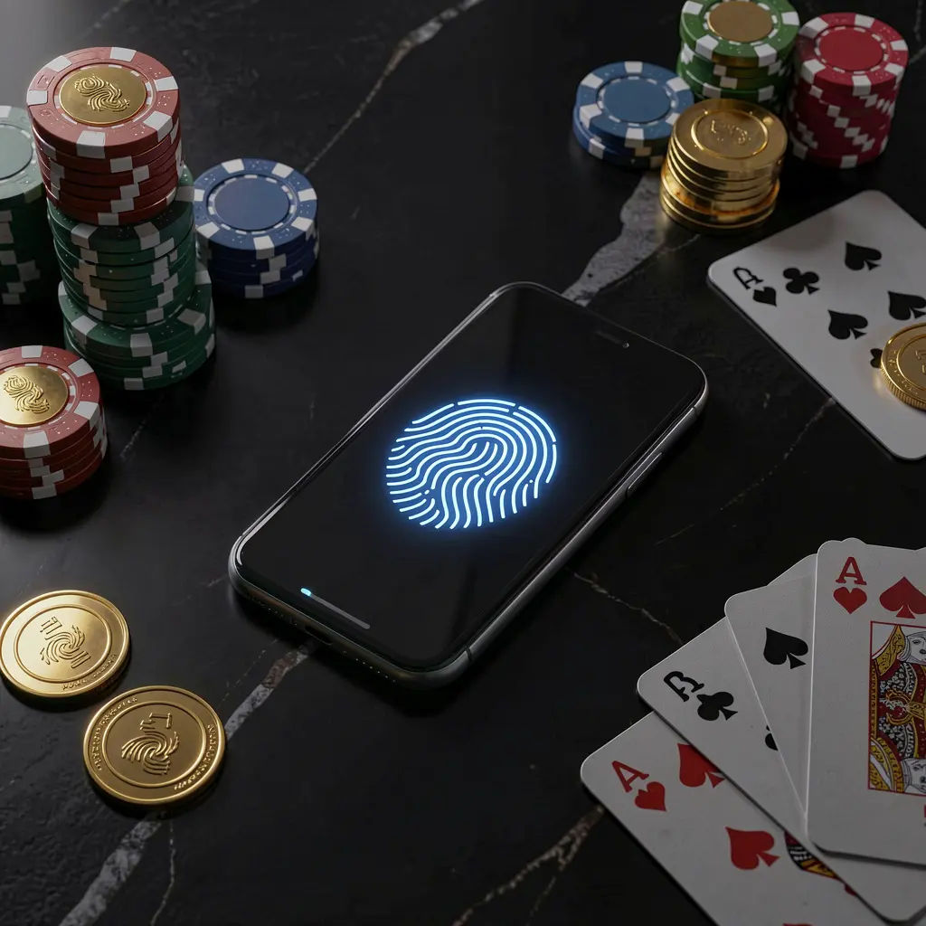 TK89 online casino authentication concept showing a phone with fingerprint scan glow on a premium black table surrounded by poker chips, golden coins, and playing cards in a cinematic 3D render