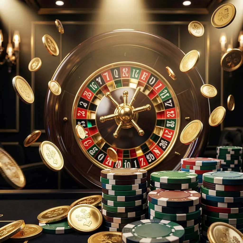 TK89 online casino main page background featuring dramatic casino lights, golden coins flying, stacked poker chips in the foreground, and a roulette wheel behind in a luxury black and gold atmosphere